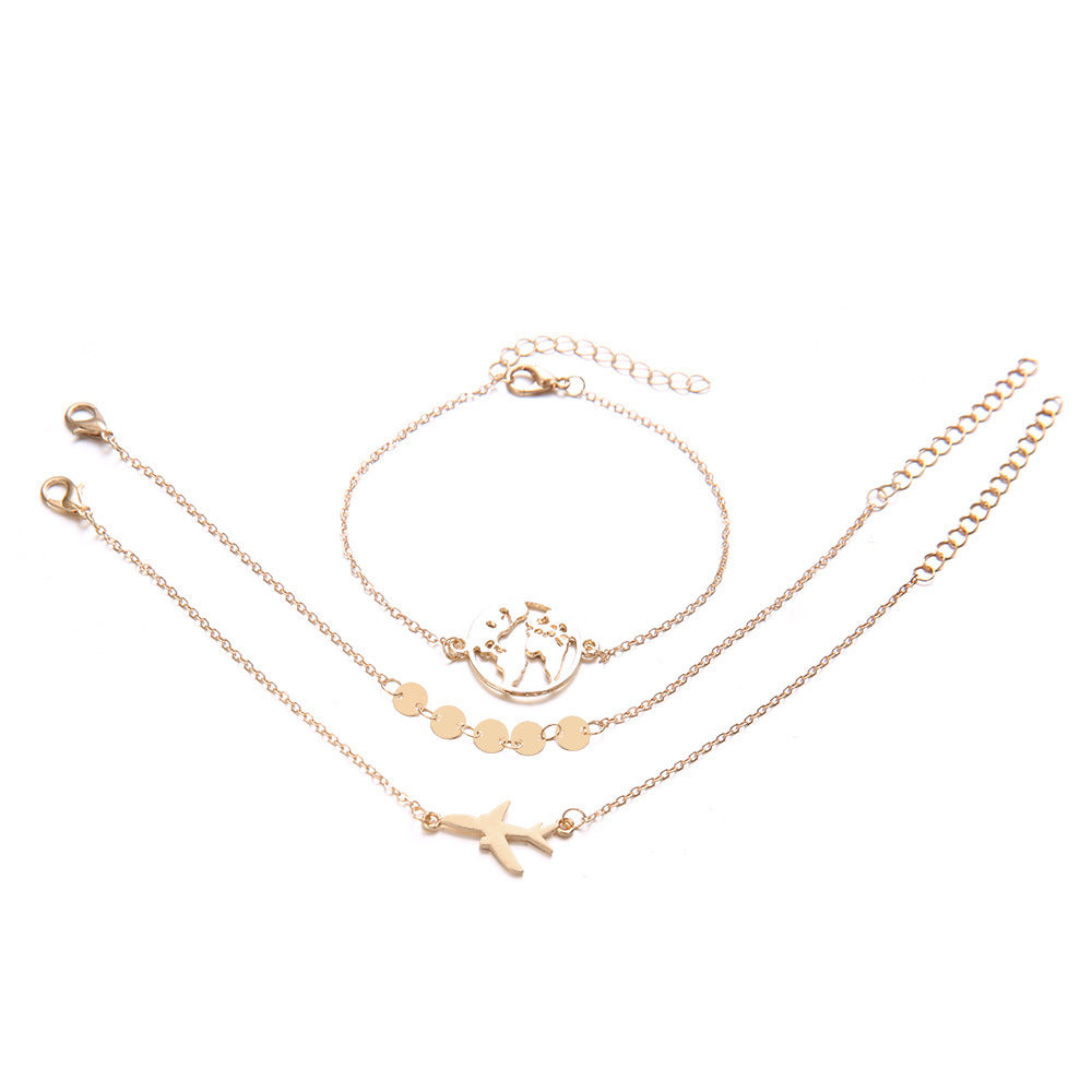 Bohemian Aircraft Map Charm Bracelet Set – 3 Pieces for Women