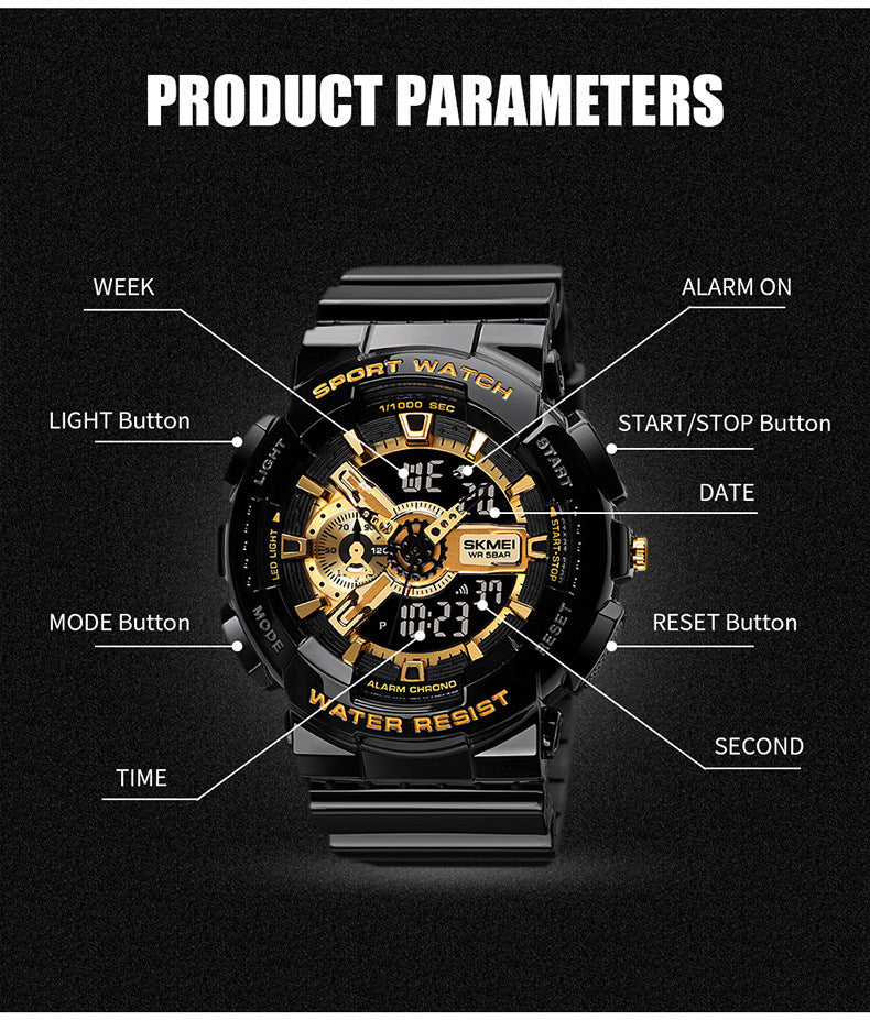 Classic Black & Gold Sports Double Display Electronic Watch – Teen Boys & Girls