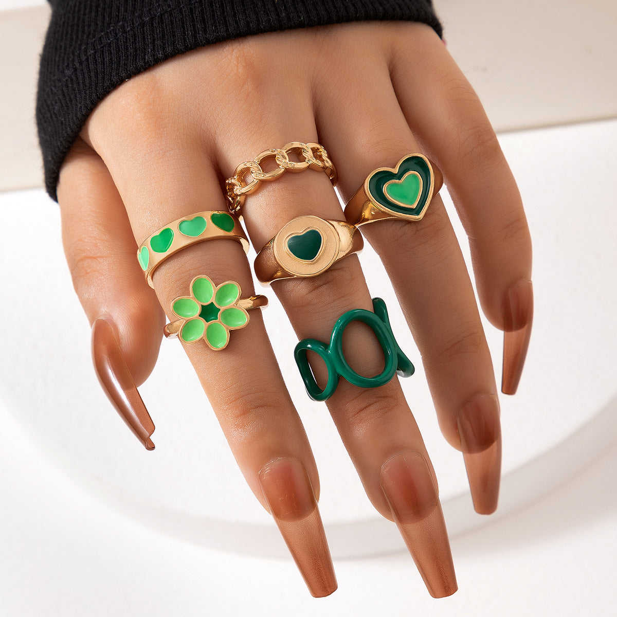 European & American Love Oil Drip Ring Set – Six-Piece Geometric Flower Rings