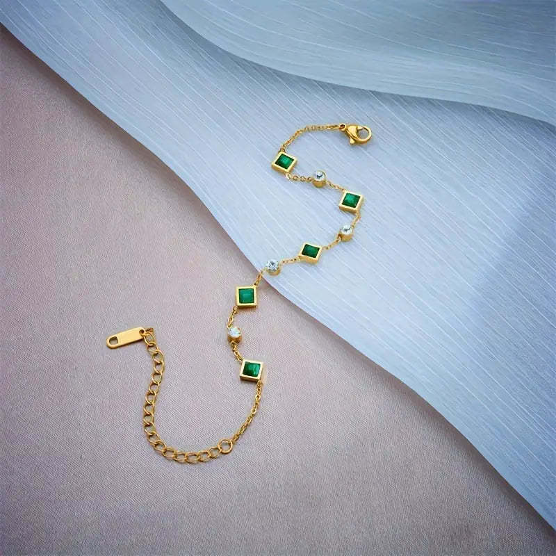 Fashion Gold-Plated Titanium Steel Bracelet with Square Emerald and Rhinestones