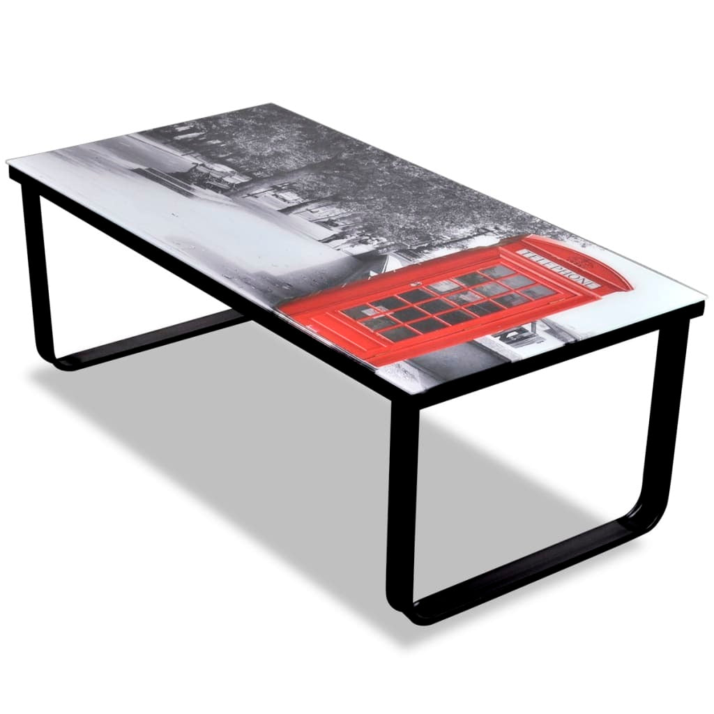 Coffee Table Black with Telephone Booth Print Tempered Glass, Iron