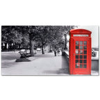Coffee Table Black with Telephone Booth Print Tempered Glass, Iron