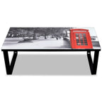 Coffee Table Black with Telephone Booth Print Tempered Glass, Iron