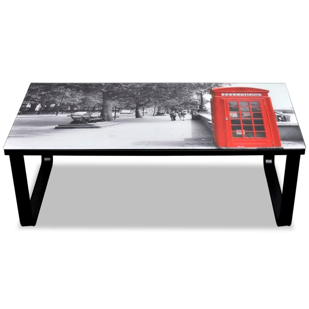 Coffee Table Black with Telephone Booth Print Tempered Glass, Iron