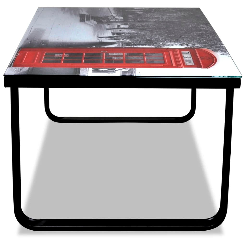 Coffee Table Black with Telephone Booth Print Tempered Glass, Iron