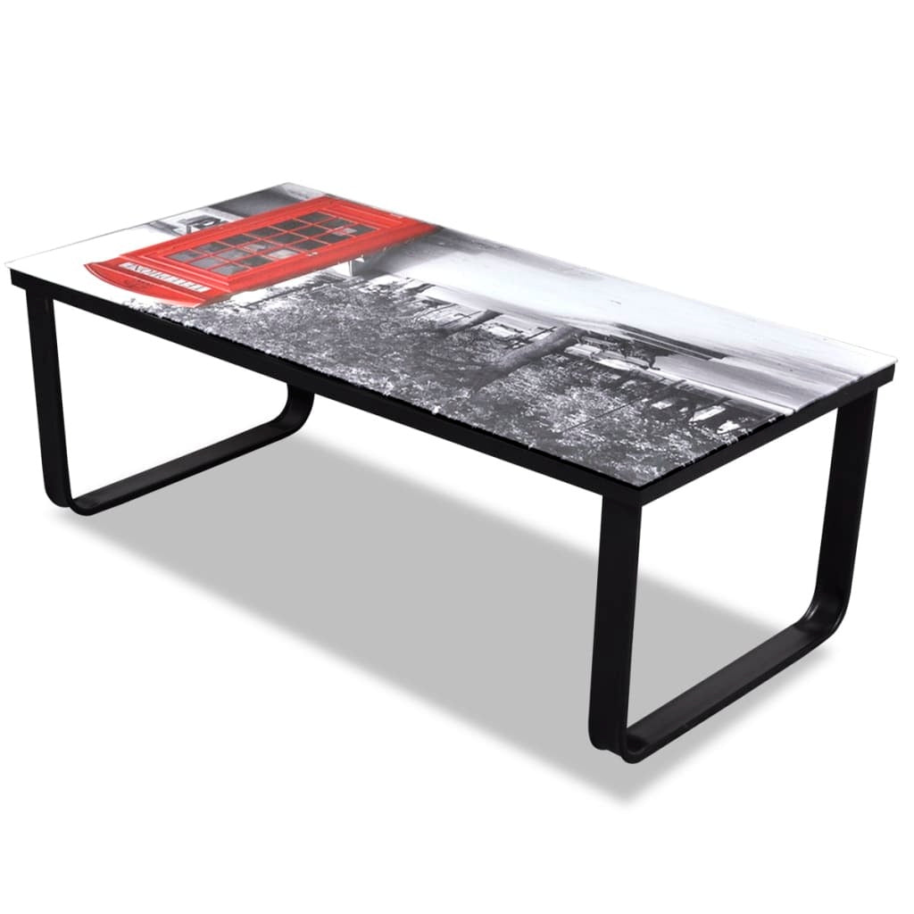 Coffee Table Black with Telephone Booth Print Tempered Glass, Iron