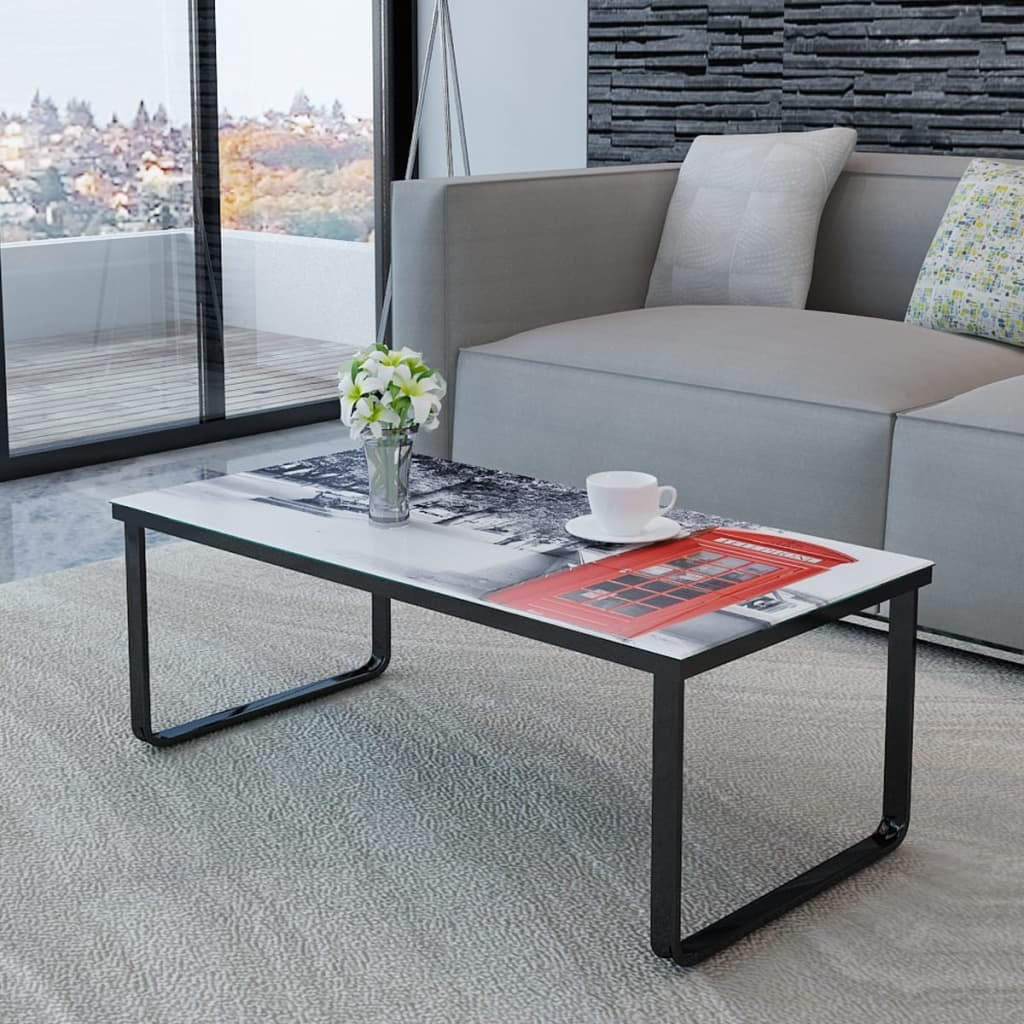 Coffee Table Black with Telephone Booth Print Tempered Glass, Iron