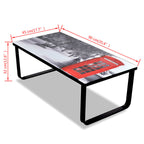 Coffee Table Black with Telephone Booth Print Tempered Glass, Iron