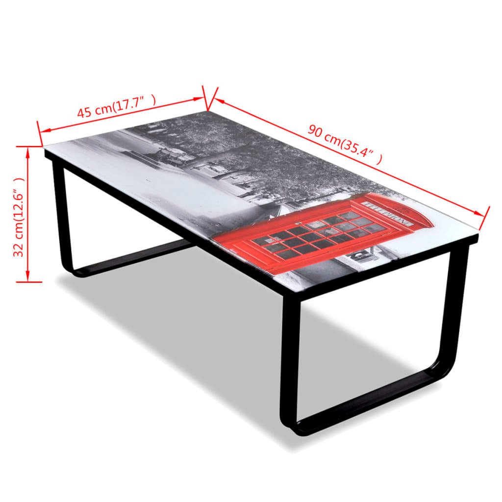 Coffee Table Black with Telephone Booth Print Tempered Glass, Iron