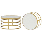 Coffee Table Set of 2 Brass and White Marble, Steel Small