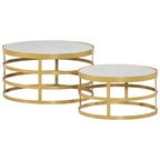 Coffee Table Set of 2 Brass and White Marble, Steel Small
