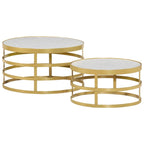 Coffee Table Set of 2 Brass and White Marble, Steel Small