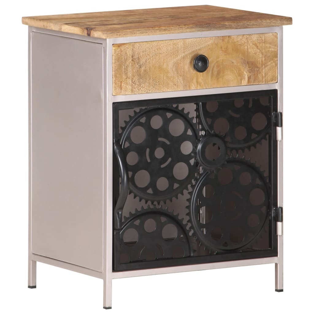 Bedside Cabinet Rough mango wood with natural finish, silver iron