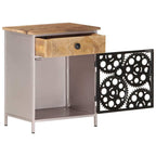 Bedside Cabinet Rough mango wood with natural finish, silver iron