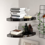 Corner Shelf Set of 2 High Gloss Black Honeycomb MDF, Metal
