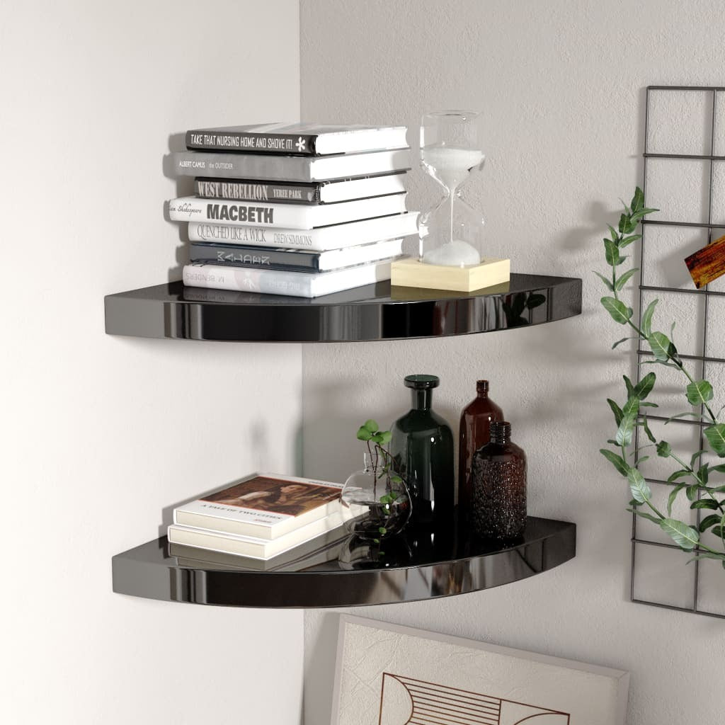 Corner Shelf Set of 2 High Gloss Black Honeycomb MDF, Metal