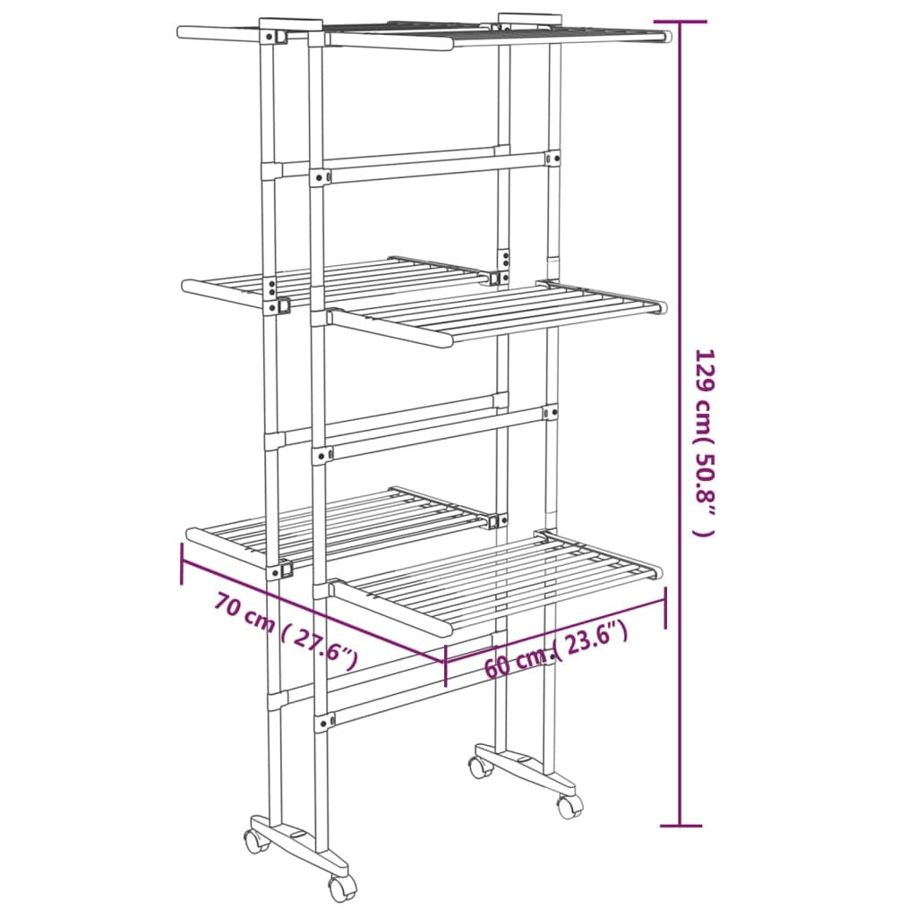 3-Tier Laundry Drying Rack with Wheels Silver 23.6"x27.6"x50.8"