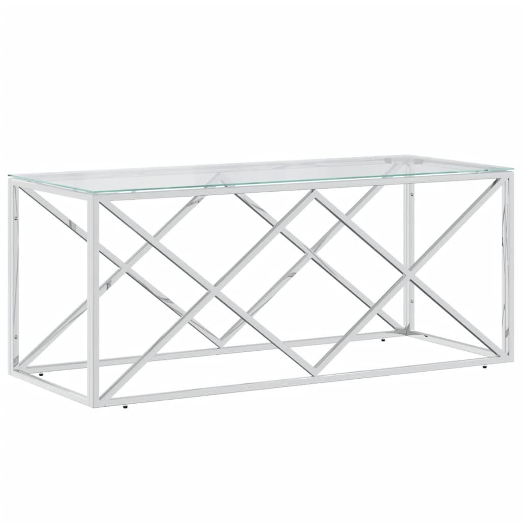 Coffee Table Silver Stainless Steel and Tempered Glass Medium