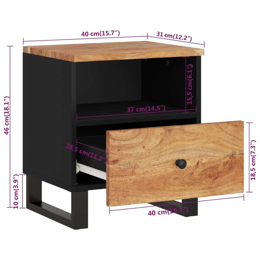 Bedside Cabinet Solid Acacia Wood and Black