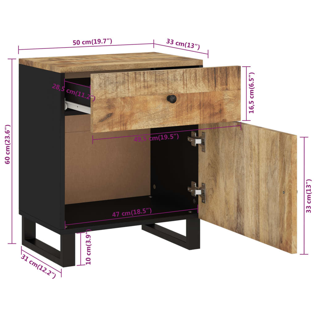 Bedside Cabinet Natural Wood Solid Mango Wood Medium Storage