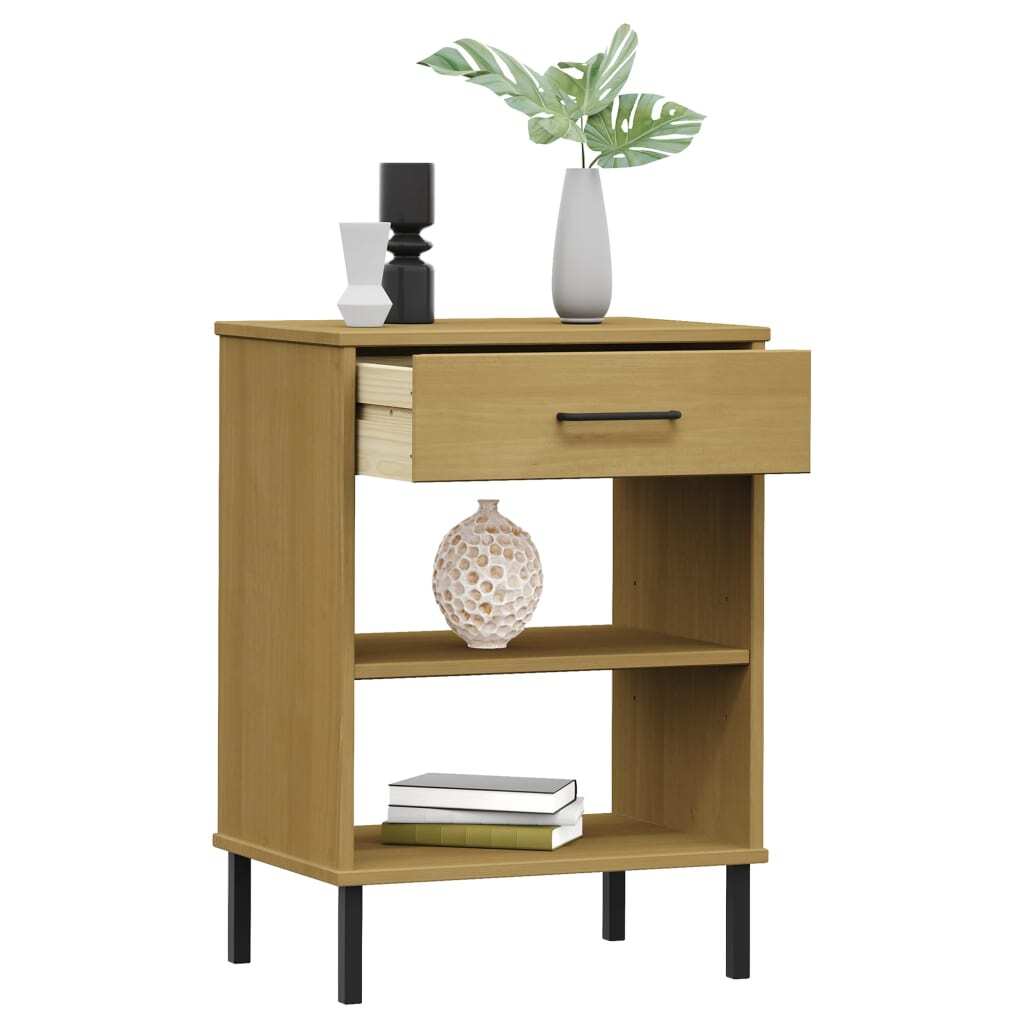 Console Cabinet Brown Solid Pine Wood and Metal Medium