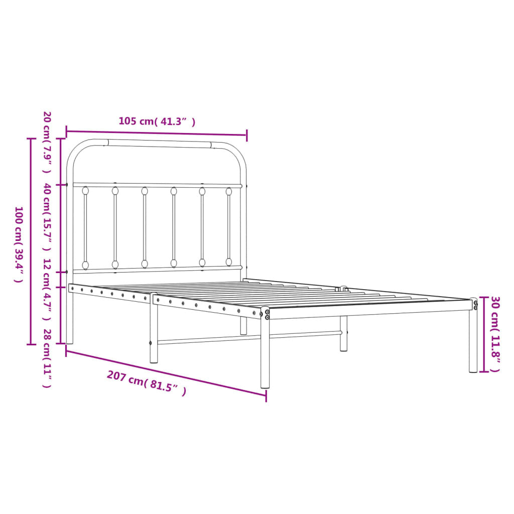 Bed Frame Black Powder-Coated Steel 39.4x78.7 in Bed Frame