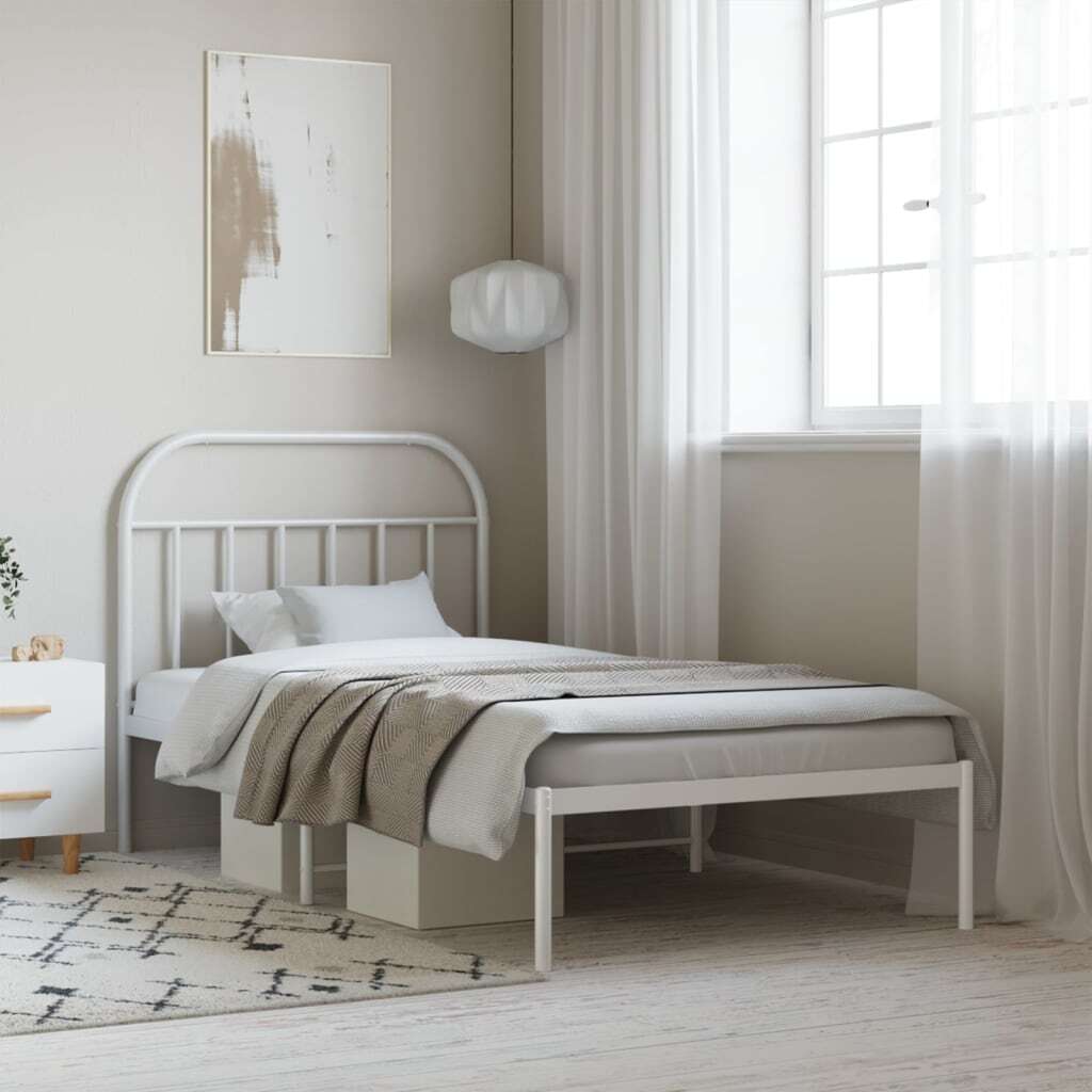 Bed Frame White Powder-Coated Steel Twin Bed Frame Rectangular
