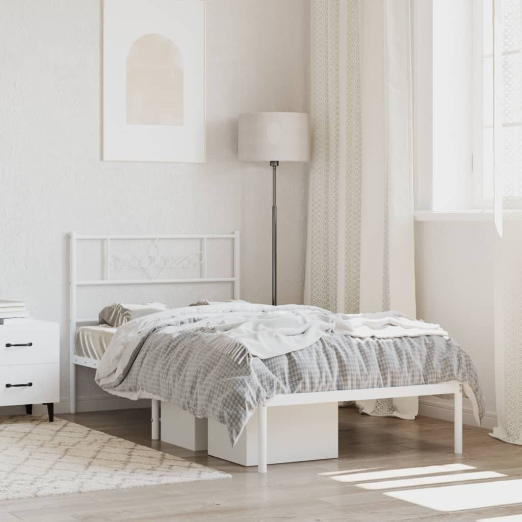 Bed Frame White Powder-Coated Steel Single Metal Bed Frame