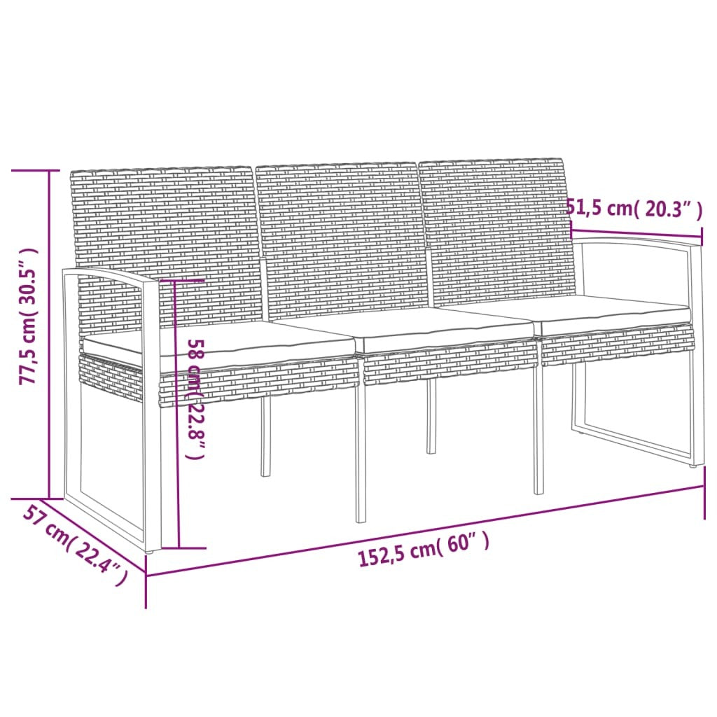 3-seater Garden Bench Black Polypropylene 3-Seater Durable
