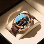 Men’s Waterproof Quartz Watch with Luminous Display & Leather Strap