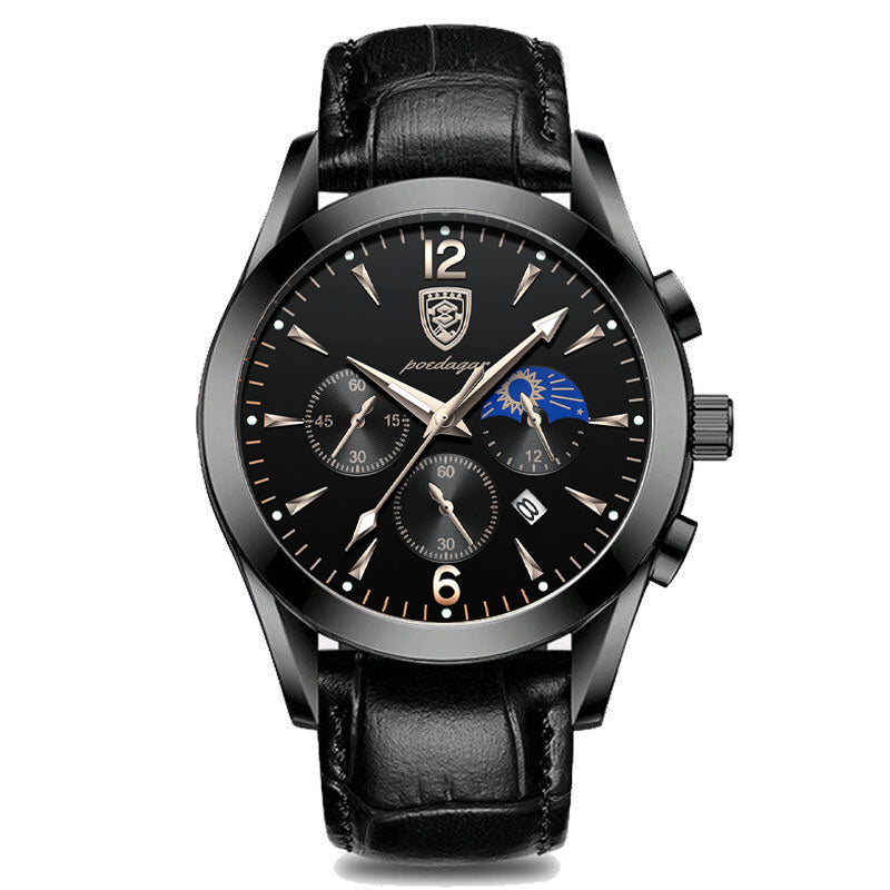 Men’s Waterproof Quartz Watch with Luminous Display & Leather Strap
