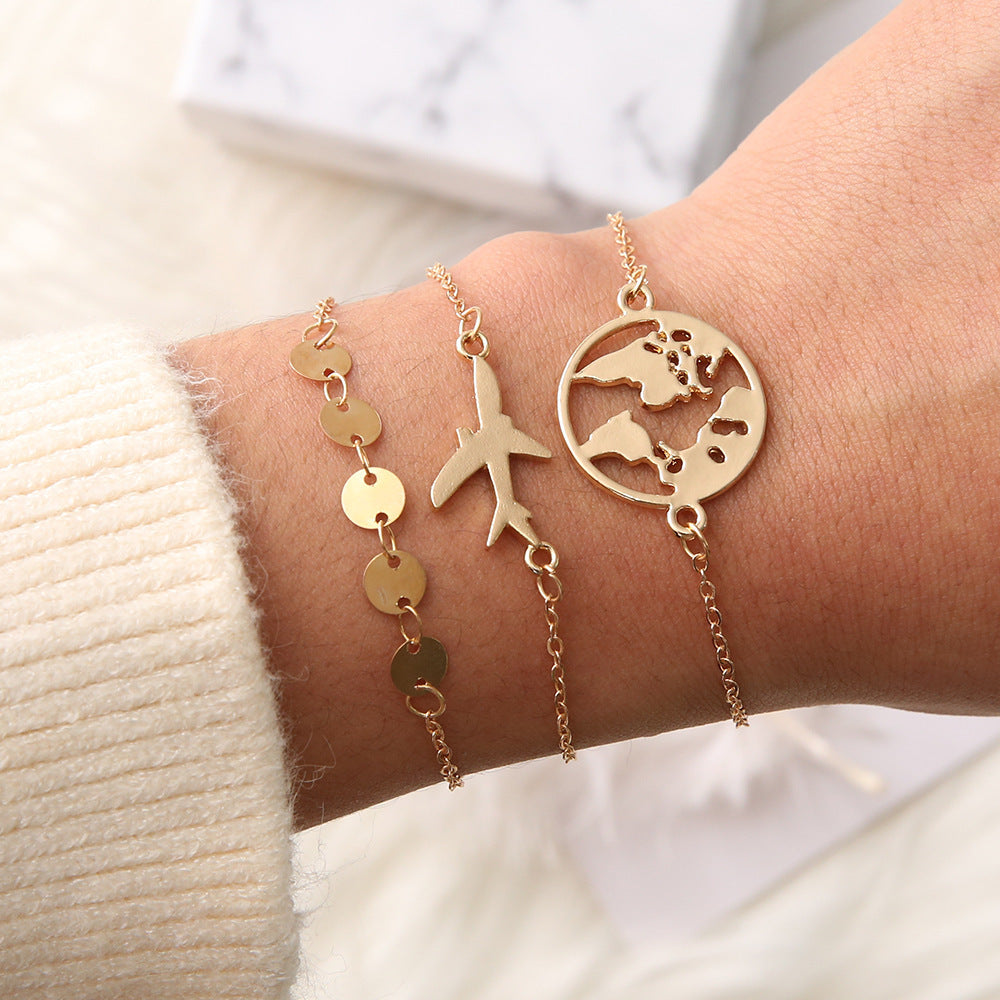 Bohemian Aircraft Map Charm Bracelet Set – 3 Pieces for Women