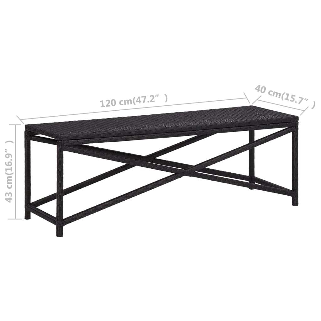 Bench Black Poly Rattan, Powder-Coated Steel 47.2 in Durable