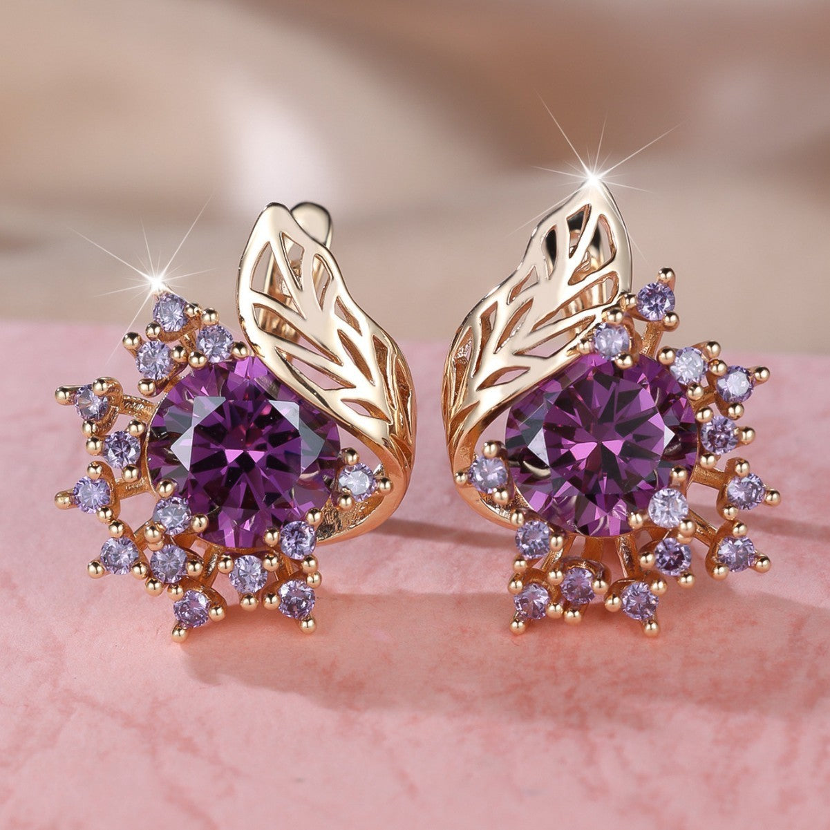 Round Flower Feather Zircon Earrings – Women's Fashionable & Chic