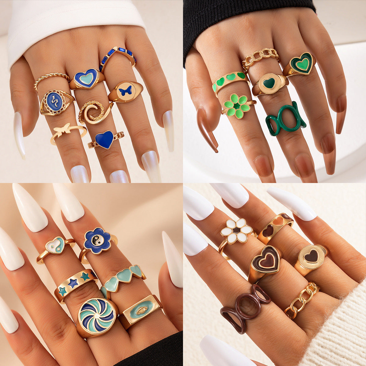 European & American Love Oil Drip Ring Set – Six-Piece Geometric Flower Rings