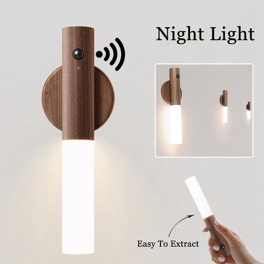 LED Motion Sensor Night Light Magnetic USB Rechargeable Wooden Wall Lamp