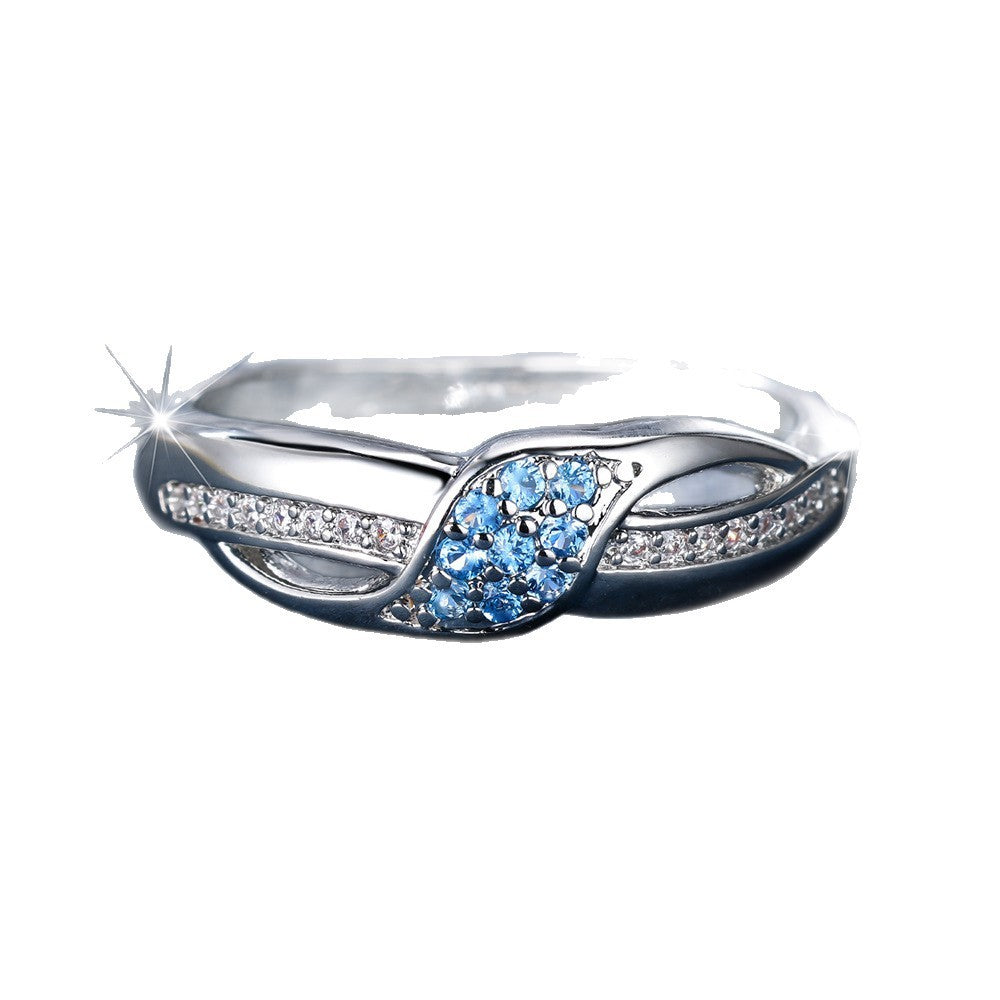 Women's Sea Blue Diamond Ring – Elegant White Diamond Leaf Edges