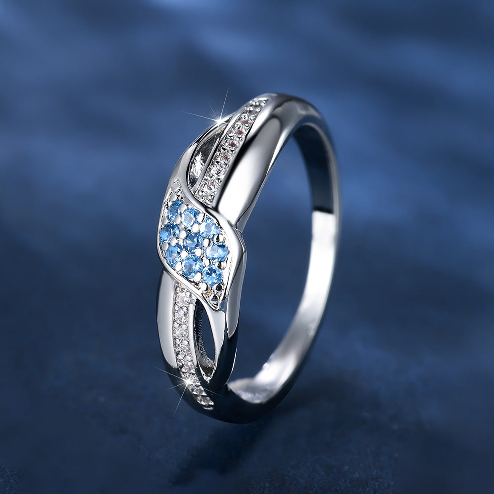 Women's Sea Blue Diamond Ring – Elegant White Diamond Leaf Edges