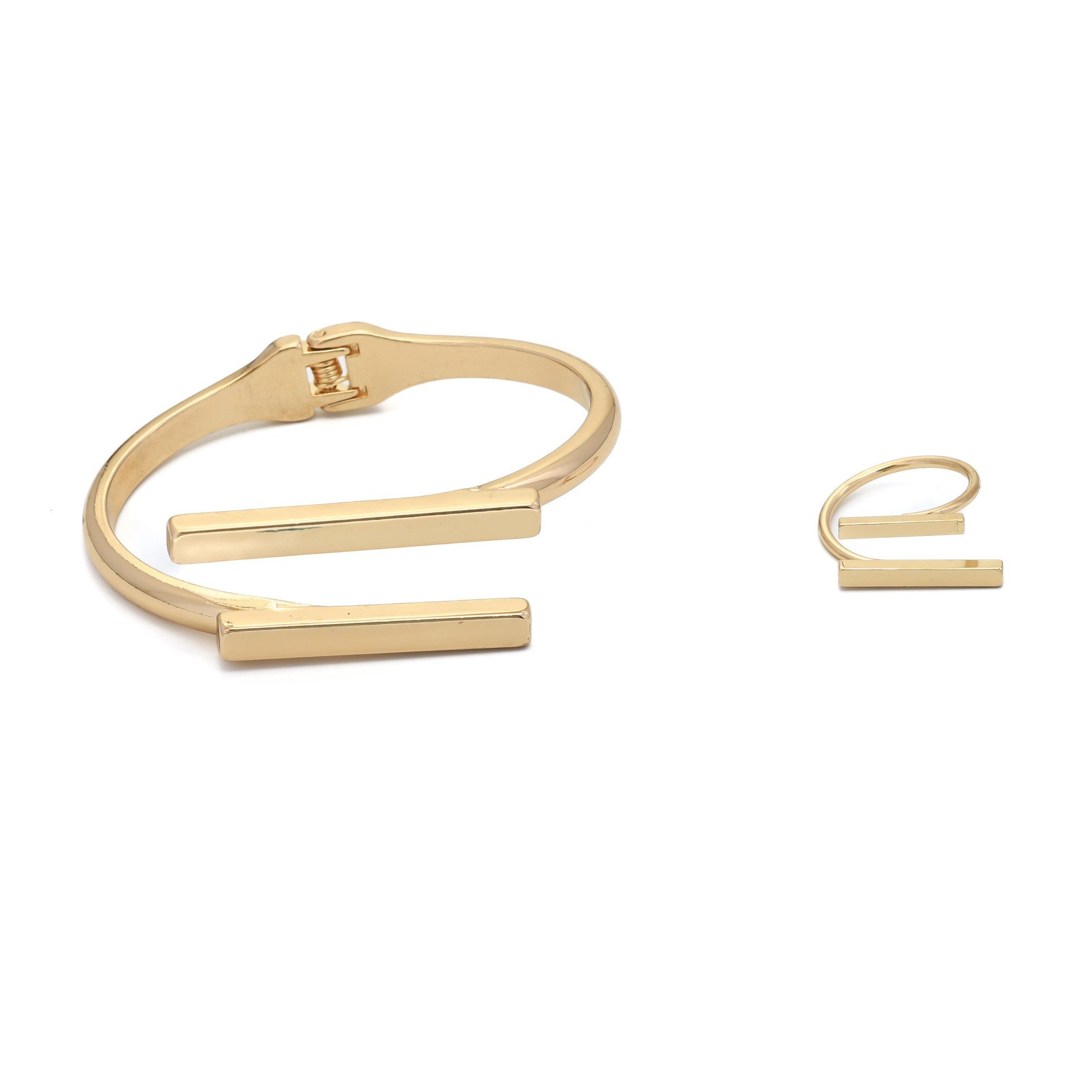 Women's Adjustable Metal Geometry Bracelet and Ring Set – Square Open Design