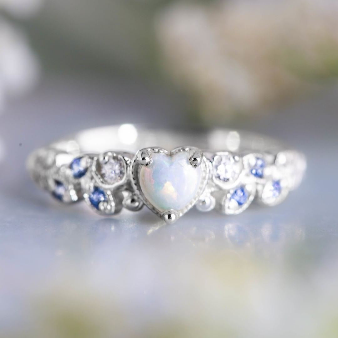 Women's Peach Heart Ring with Flower Opal and Ocean Heart Design