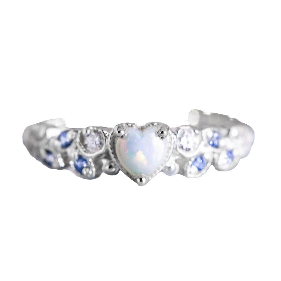 Women's Peach Heart Ring with Flower Opal and Ocean Heart Design