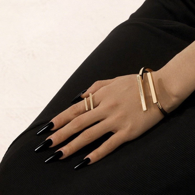 Women's Adjustable Metal Geometry Bracelet and Ring Set – Square Open Design