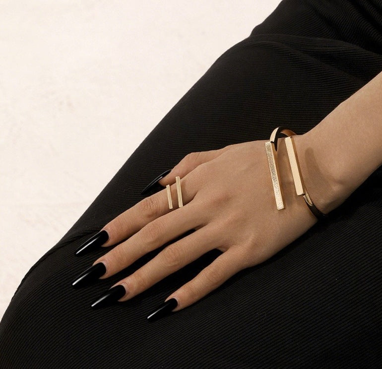 Women's Adjustable Metal Geometry Bracelet and Ring Set – Square Open Design