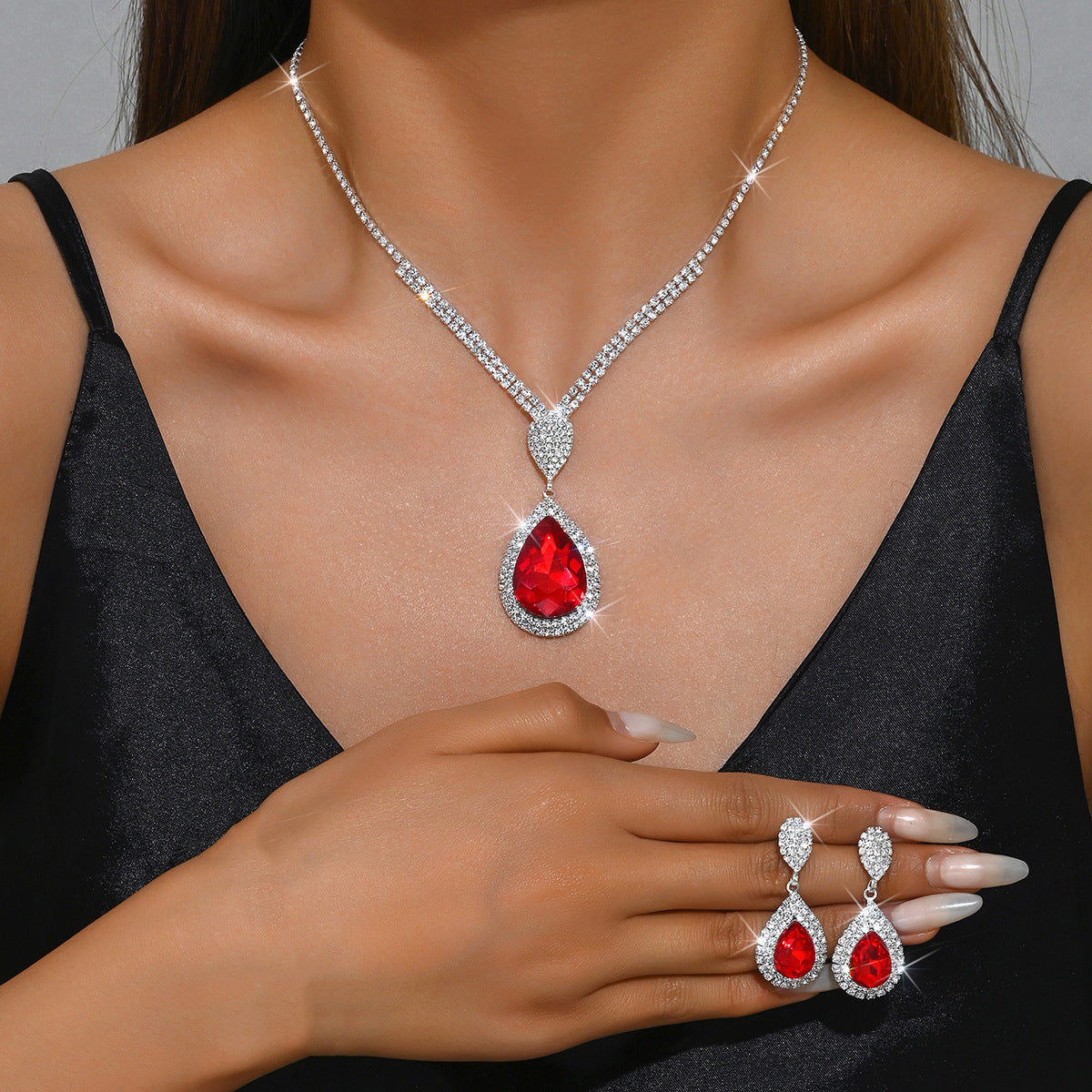 Red Sapphire & Blue Water Drop Pendant Set – Affordable Luxury Trendy Jewelry