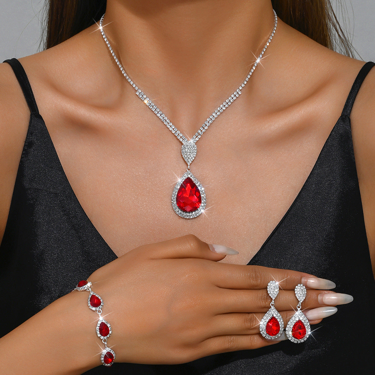 Red Sapphire & Blue Water Drop Pendant Set – Affordable Luxury Trendy Jewelry
