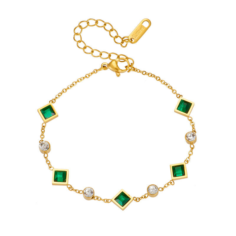 Fashion Gold-Plated Titanium Steel Bracelet with Square Emerald and Rhinestones