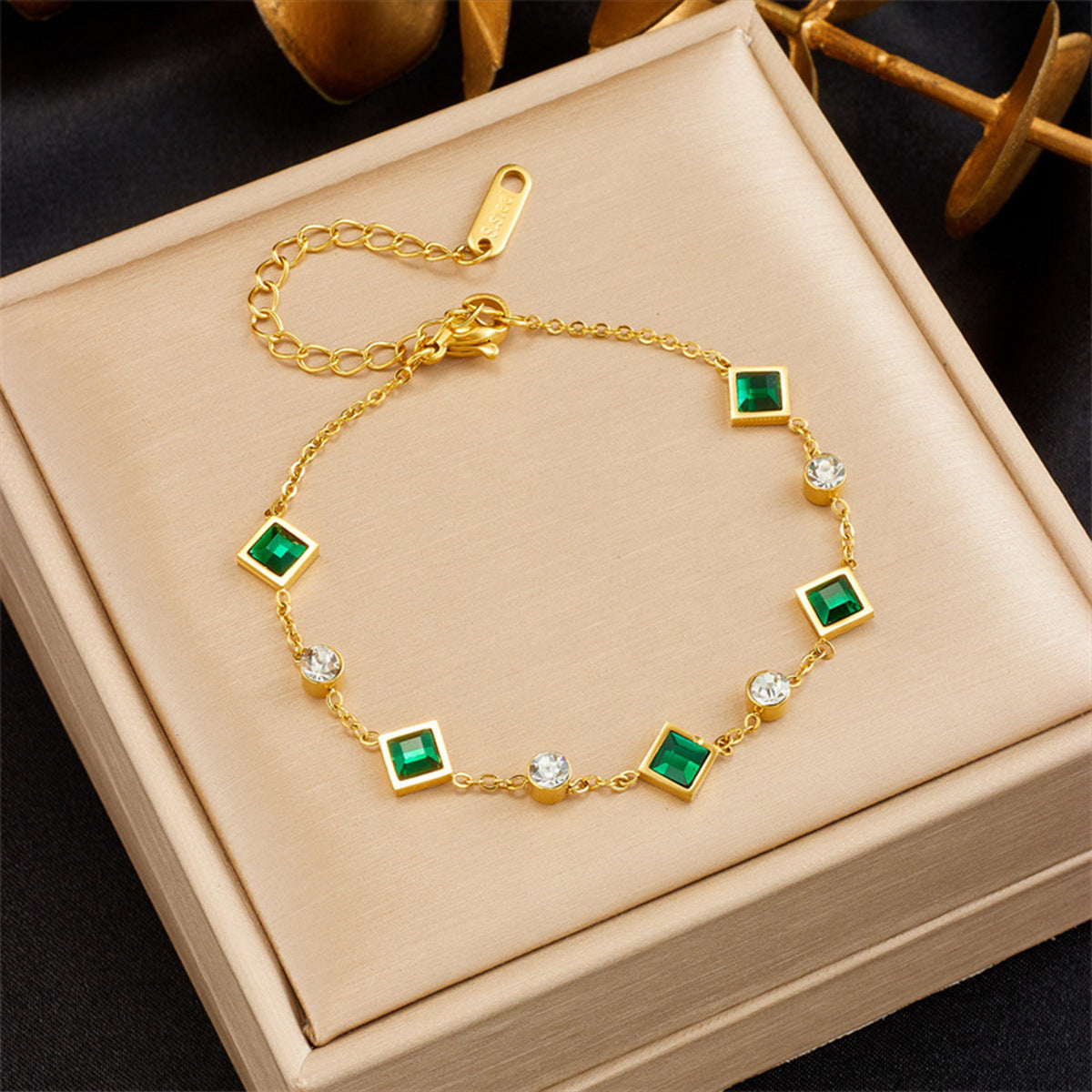 Fashion Gold-Plated Titanium Steel Bracelet with Square Emerald and Rhinestones