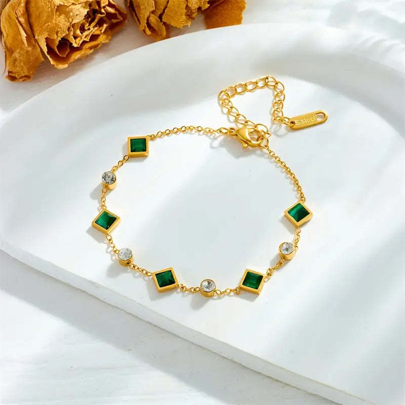 Fashion Gold-Plated Titanium Steel Bracelet with Square Emerald and Rhinestones