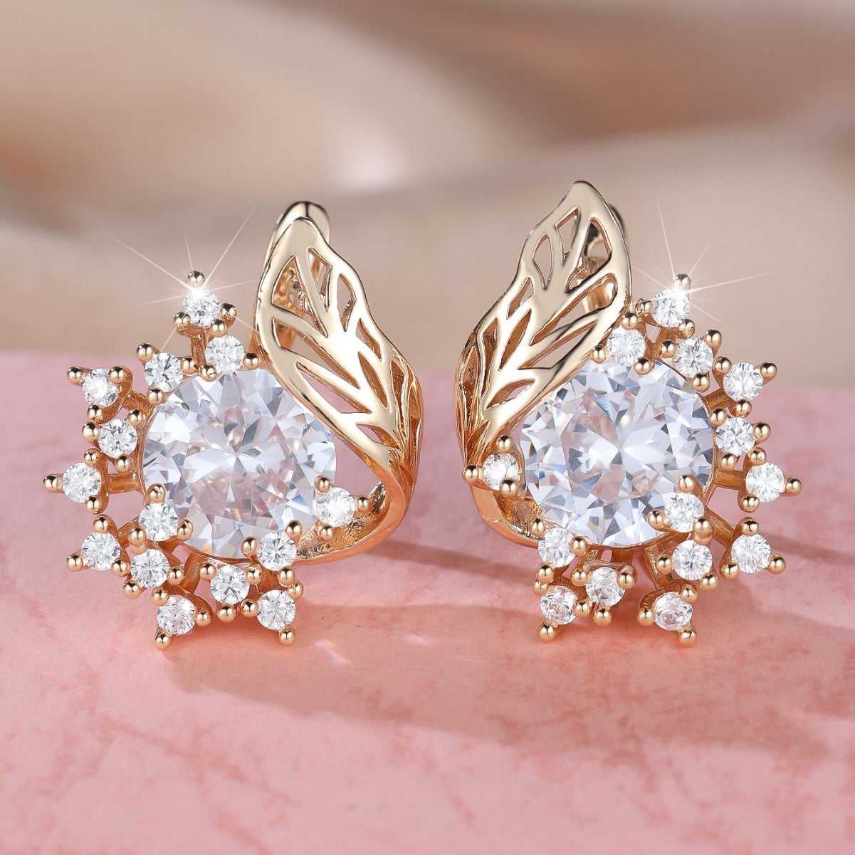 Round Flower Feather Zircon Earrings – Women's Fashionable & Chic