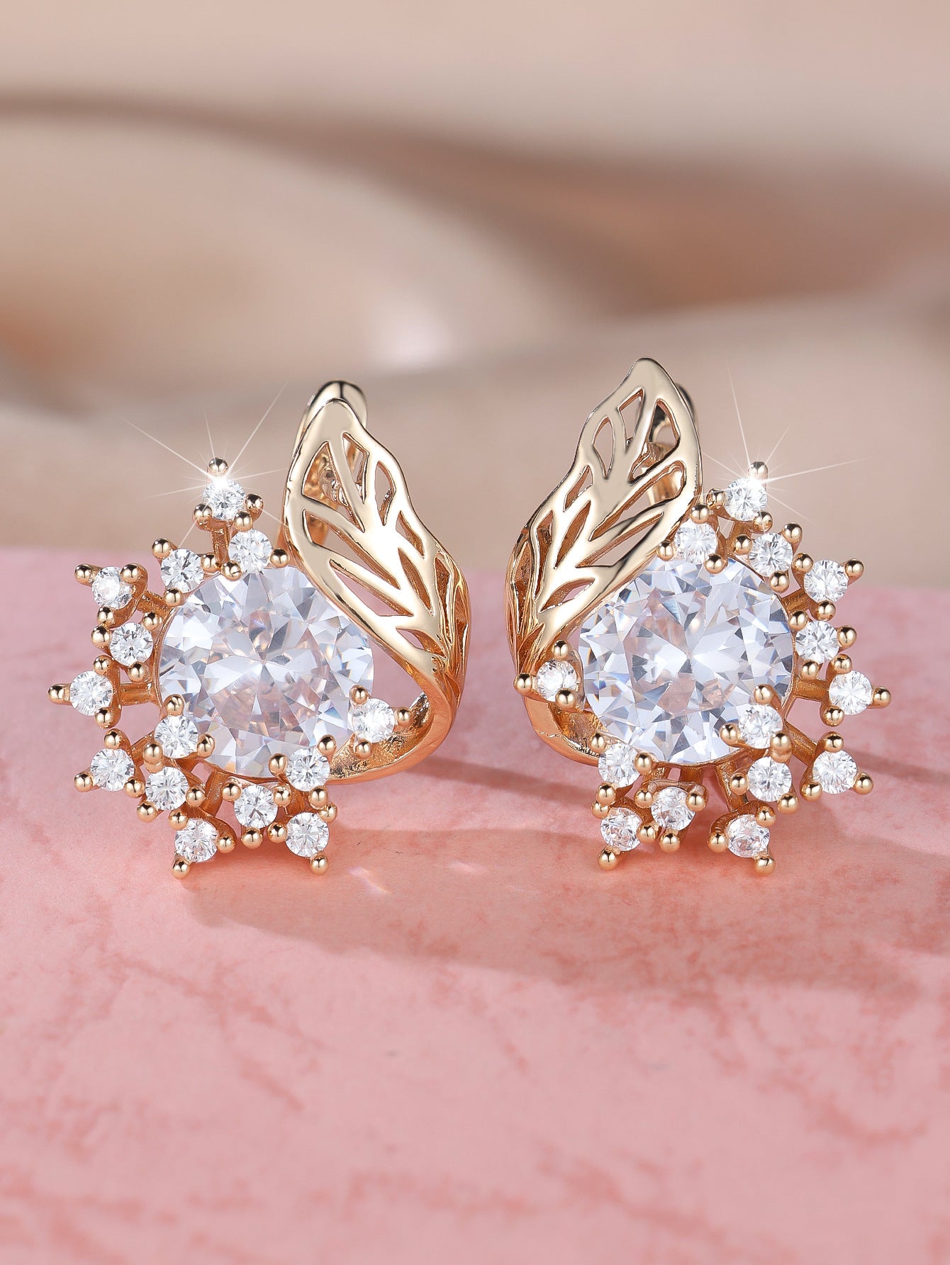 Round Flower Feather Zircon Earrings – Women's Fashionable & Chic